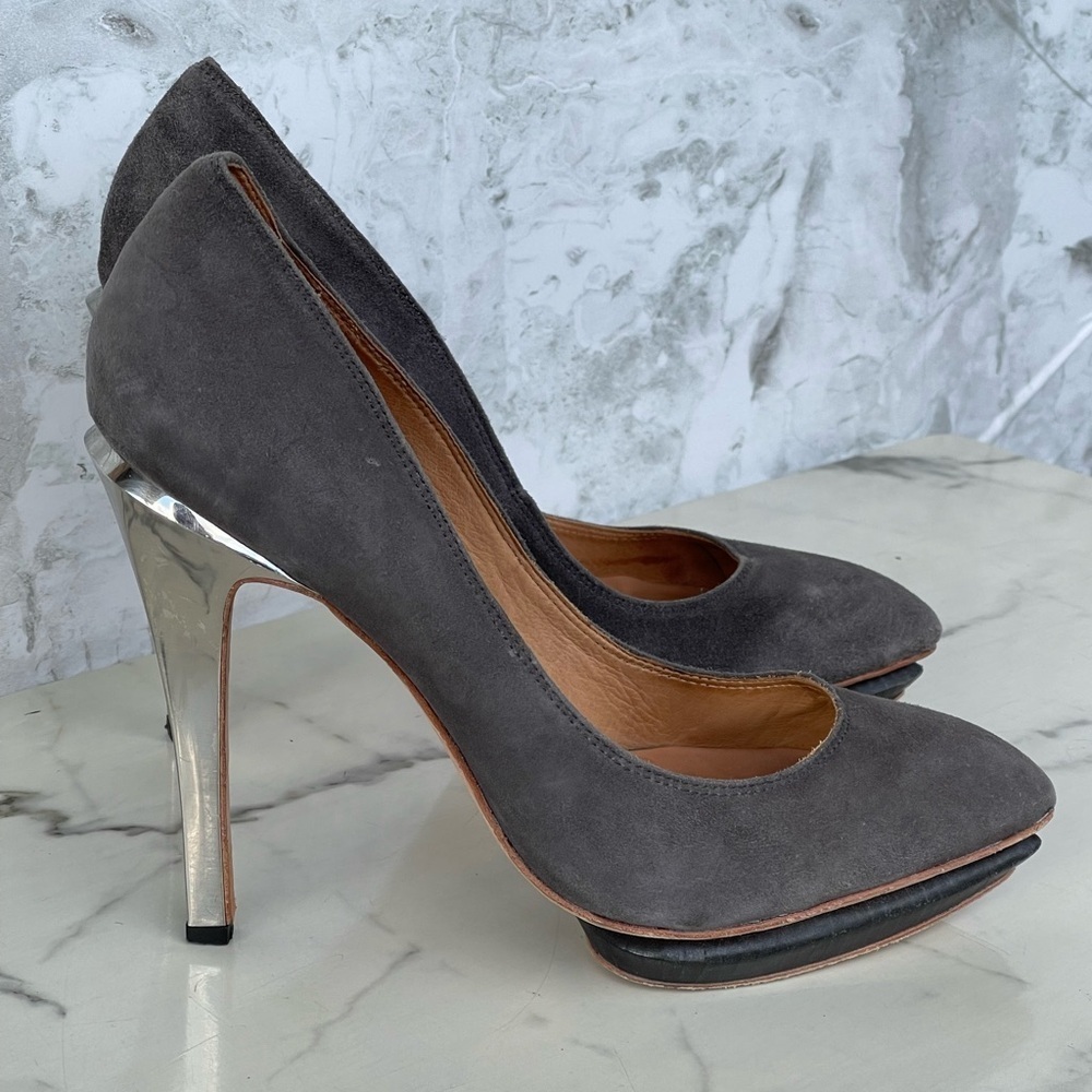 L.A.M.B. Gray Suede Pointed Toe Platforms - Size 10M - Chrome Stiletto